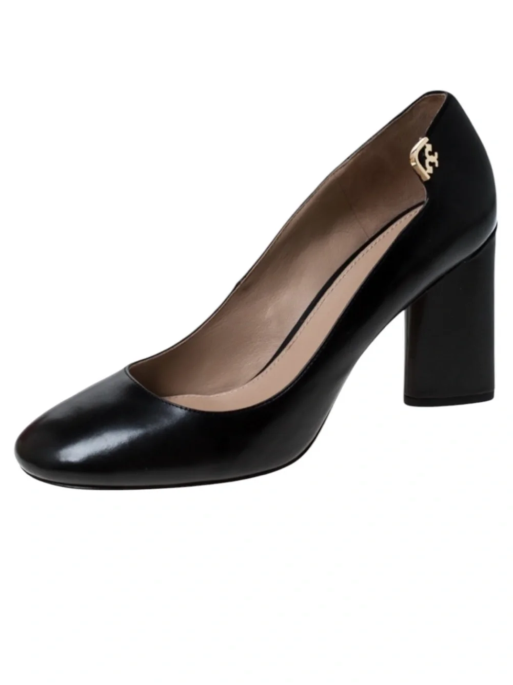 Tory Burch Black Leather Elizabeth 4” Block heel Pumps Size 9.5 Gold Tone Hw